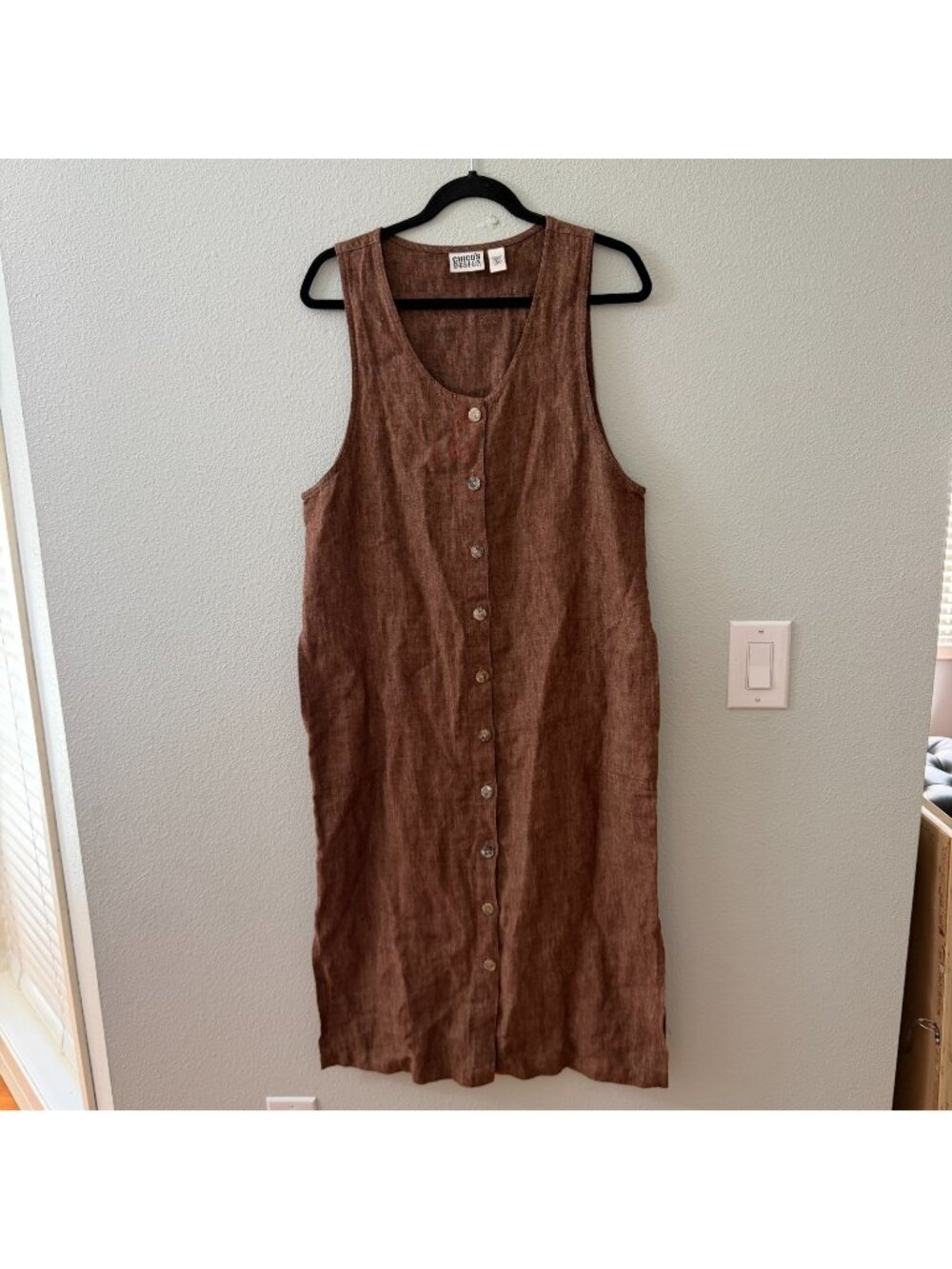 Chicos Brown 100% Linen Button Front Jumper Midi Dress 1 US MEDIUM 8